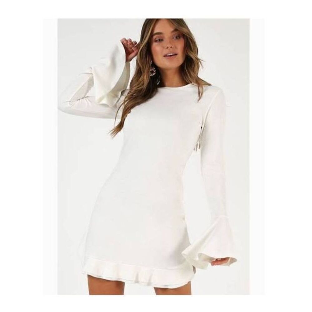 Showpo Tell It Like It Is Ivory Knit Mini Dress, Bell Sleeves, NWT, Sz. 4